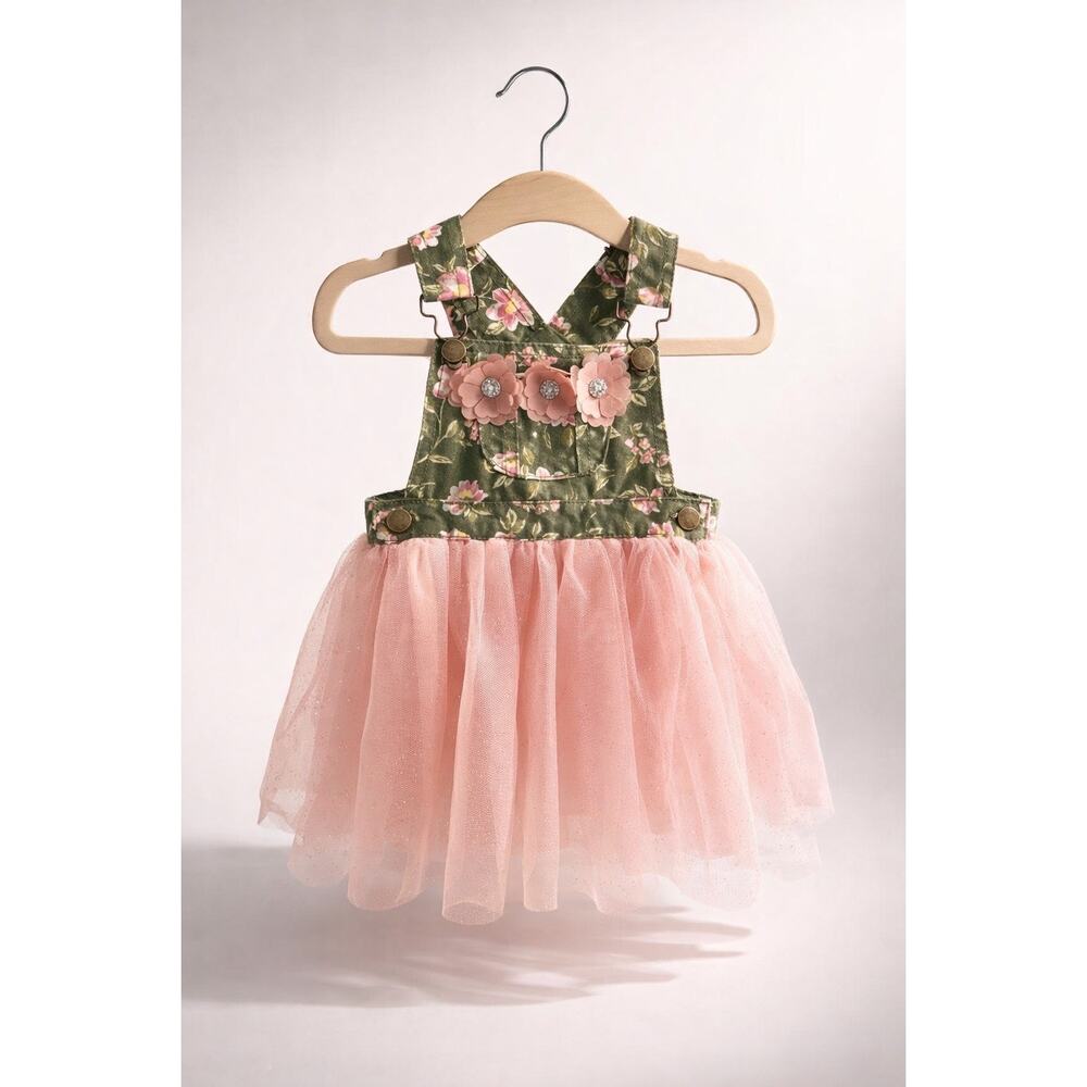 #162  Floral Overall Tutu Dress Green/Pink Flowers Size 0-3 M